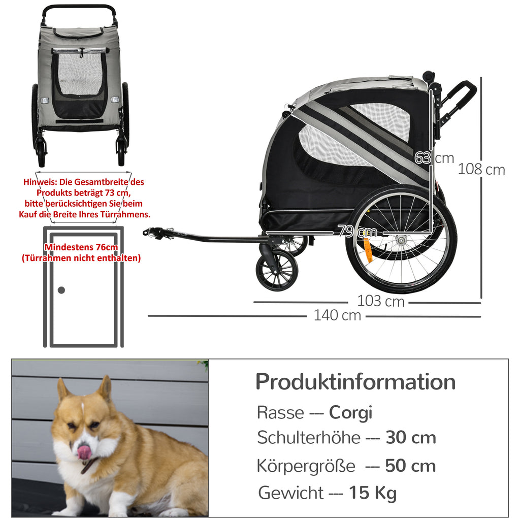 PawHut 2-in-1 Hundeanhänger Hundewagen Fahrradanhänger bis 20kg wasserfest Sicherheitsleine Reflektoren 140 cm x 72, 5 cm x 108 cm Grau