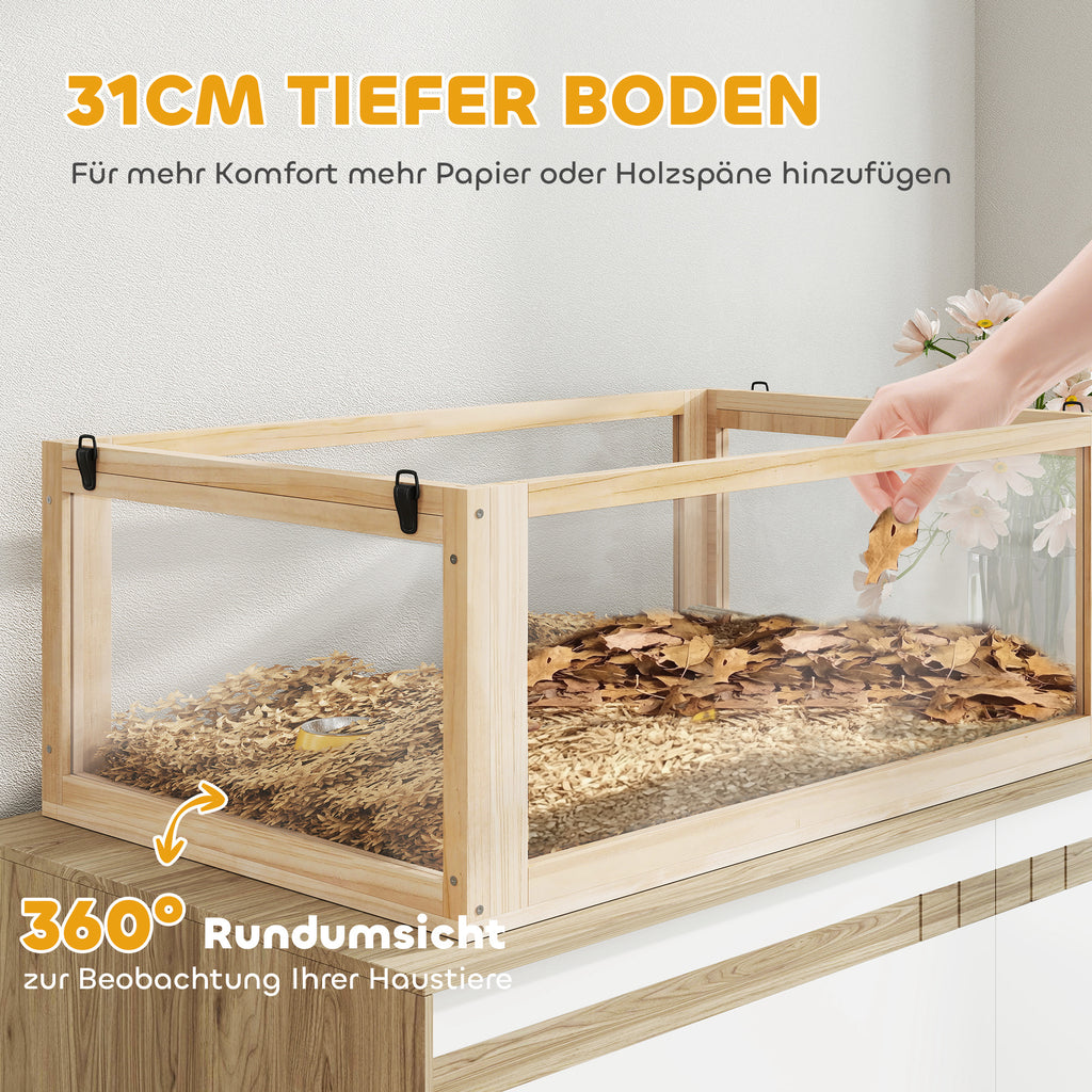 PawHut Hamsterkäfig aus Holz 3 Etagen Nagarium Nagerkäfig mit klappbarem Deckel Laufrad 80 x 50 x 76 cm Naturholz