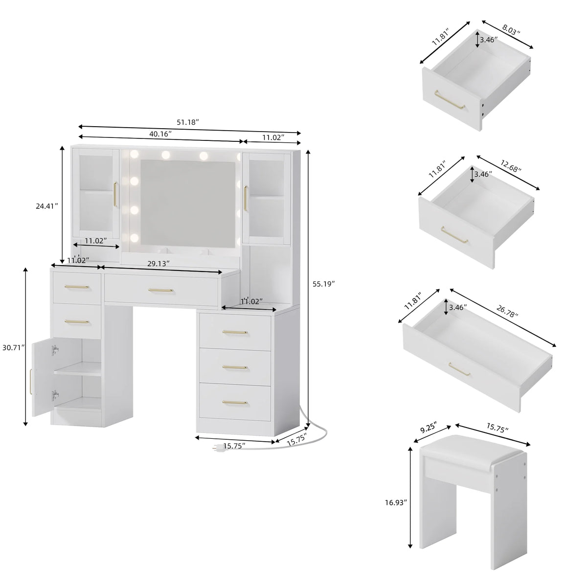 UGTOO 58.3" White Vanity Desk with Mirror, Adjustable Lighting, Power Outlet, Drawers, with Stool