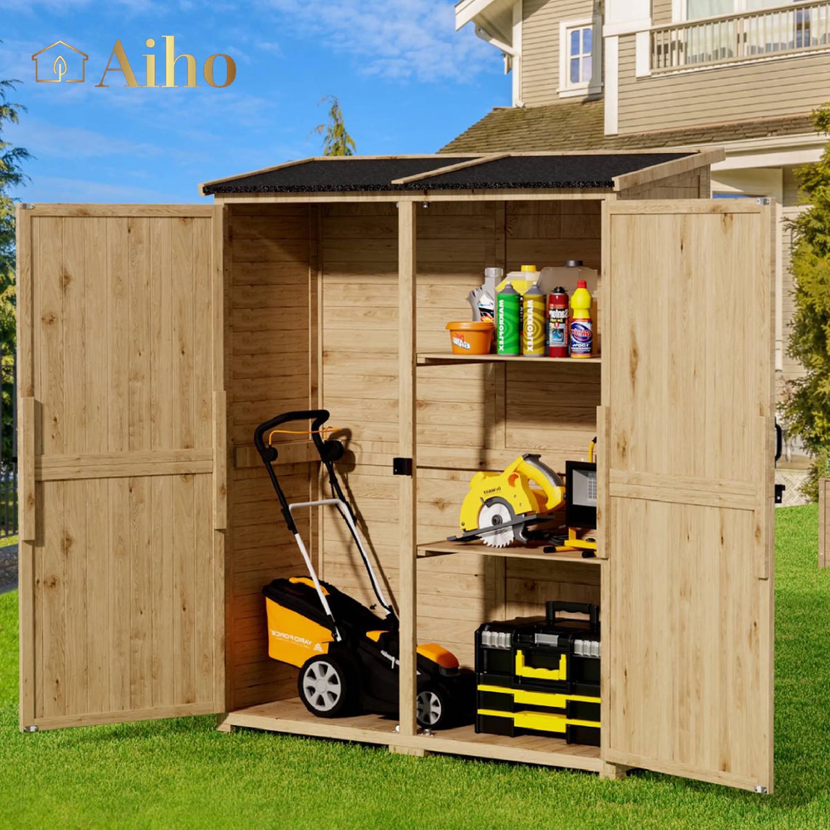 Aiho 55 Wide Outdoor Storage Shed with Lockable Double Doors - Weather - Resistant Garden Shed for Patio, Backyard & Lawn, Gray