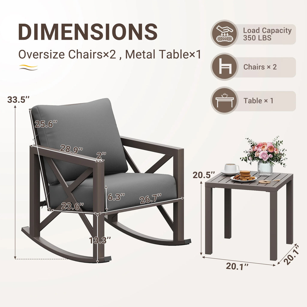 MRUAKA Rocking Chair Bistro Set, 3 Piece Outdoor Patio Furniture Set with 2 Rockers and 1 Metal Coffee Table with Thick Cushions for Porch, Backyard, Poolside, Beige