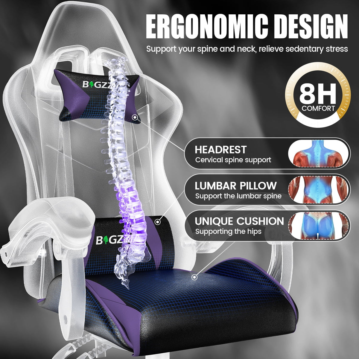 Bigzzia Gaming Chair Office Chair, Ergonomic Game Chair with Height Adjustable Headrest and Lumbar Support for Adults Teens, Black & White