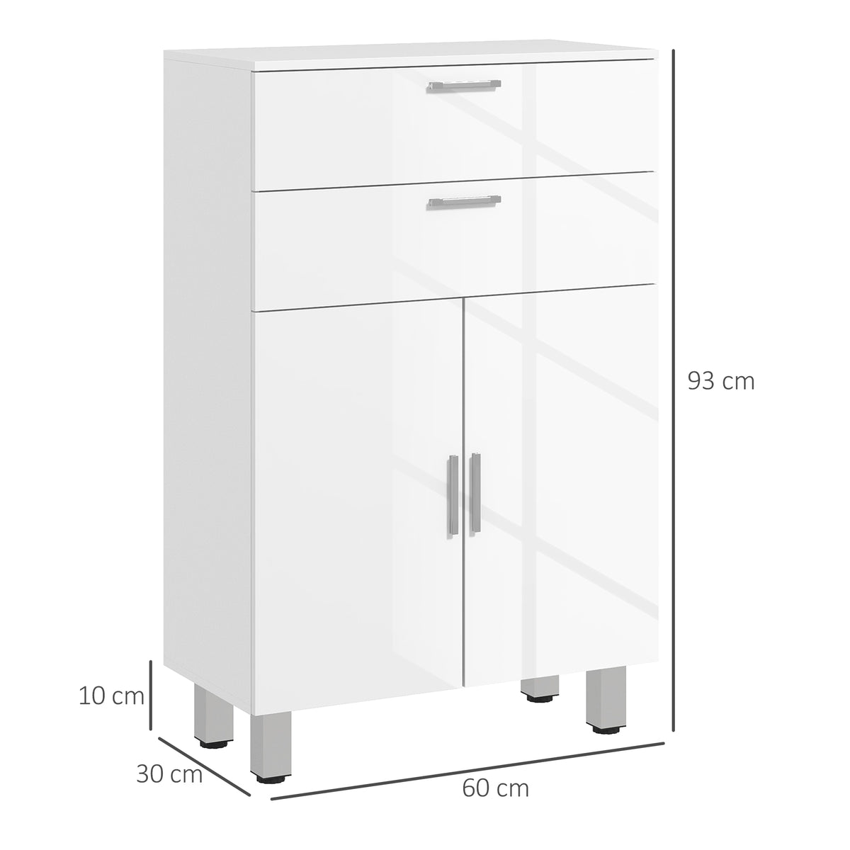 kleankin Badezimmerschrank mit 2 Schubladen, Doppeltürschrank und verstellbaren Regalen 60 x 30 x 93 cm weiß glänzend