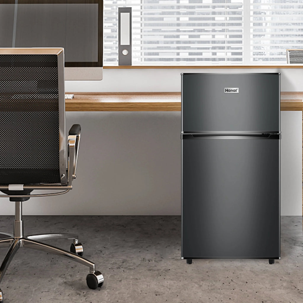 WANAI Two Door Mini Fridge with Freezer, 3.5 cu ft Small Freezer, Dark Grey