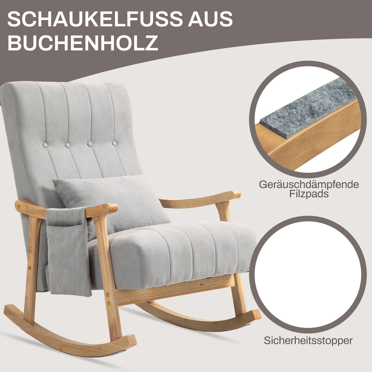 HOMCOM Schaukelstuhl mit Nierenkissen, breiter Sitz, Buchenrahmen, bis 120 kg, Grau
