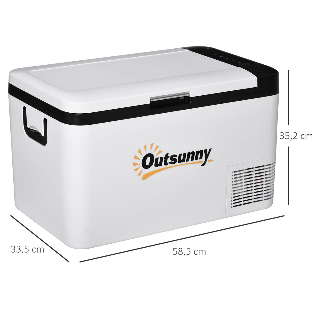 Outsunny Elektrische tragbare Kühlbox 25L 12/24V bis -20℃ Kompressor-Kühlschrank und -Gefrierschrank für Auto mit LED-Licht und klappbaren Griffen Niedriger Energieverbrauch für Zuhause Camping 58,5x33,5x35,2 cm Weiß