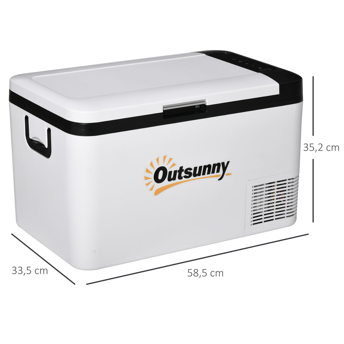 Outsunny Elektrische tragbare Kühlbox 25L 12/24V bis -20℃ Kompressor-Kühlschrank und -Gefrierschrank für Auto mit LED-Licht und klappbaren Griffen Niedriger Energieverbrauch für Zuhause Camping 58,5x33,5x35,2 cm Weiß