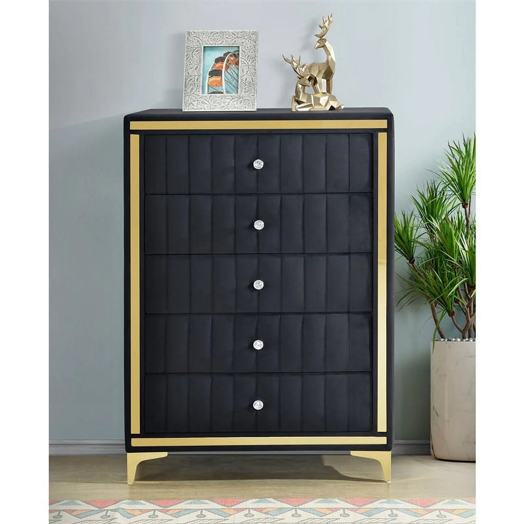 Better Home Products Monique Velvet Upholstered 5 - Drawer Chest in Black