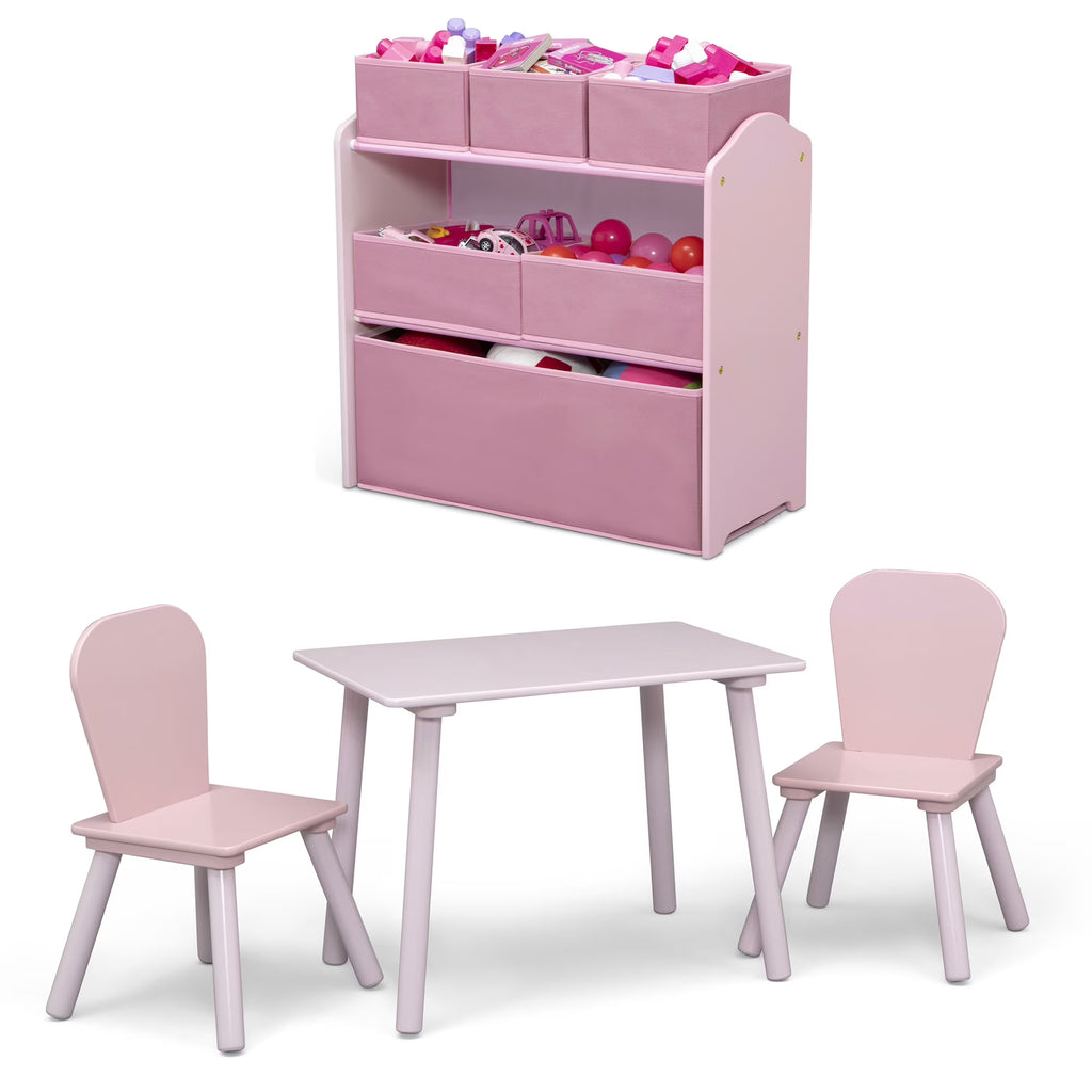 Delta Children 4 - Piece Toddler Playroom Set - Includes Play Table, 2 Chairs and 6 Bin Toy Organizer with Reusable Vinyl Cling Stickers, Light Pink/Dark Pink