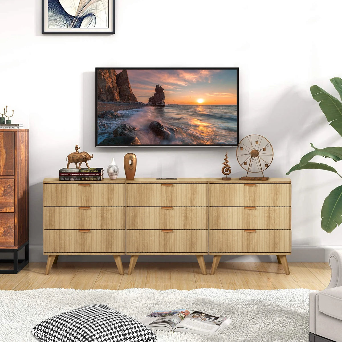 YOCWO Fluted Nightstand for Bedroom Set of 2, Wood Bedside Table Set of 2 with Drawers, Black