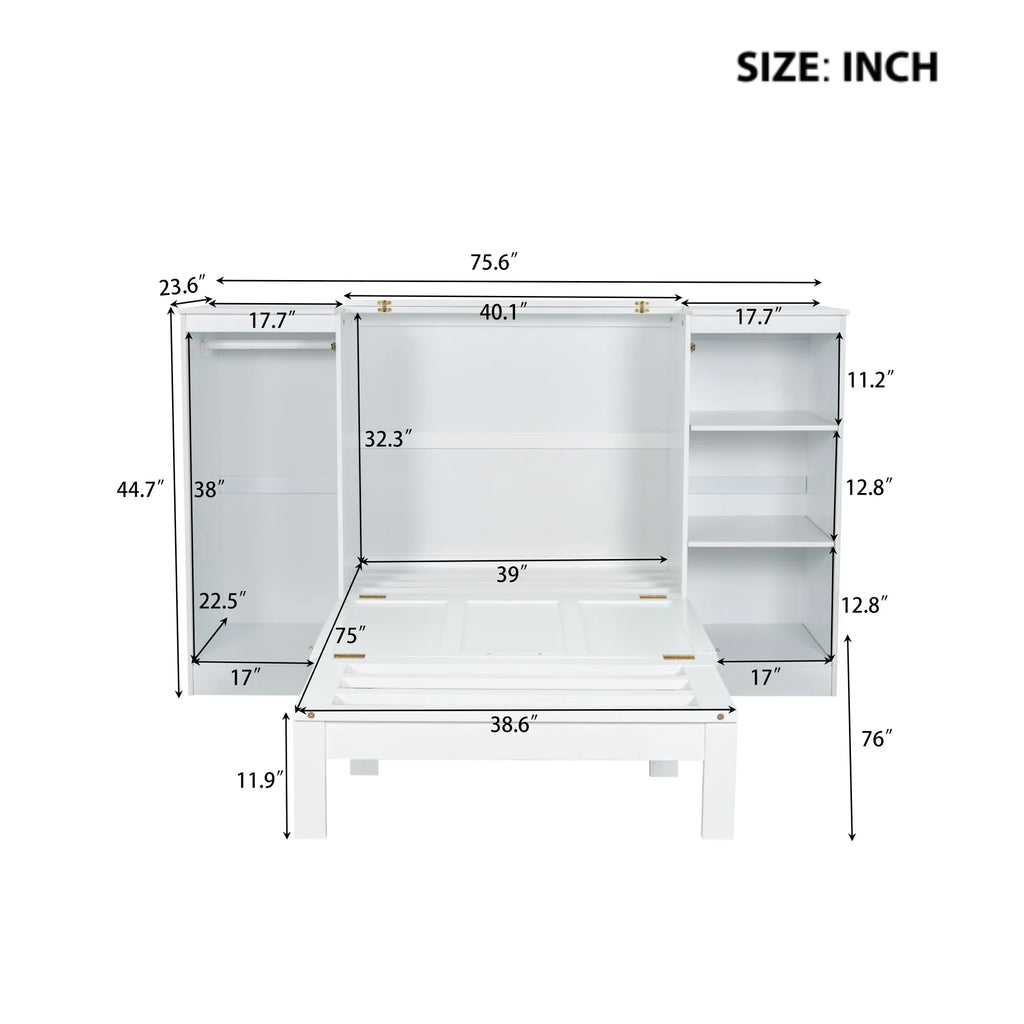 Euroco Wood Twin Size Murphy Bed with Wardrobe and Shelves for Kids Teens Living Room