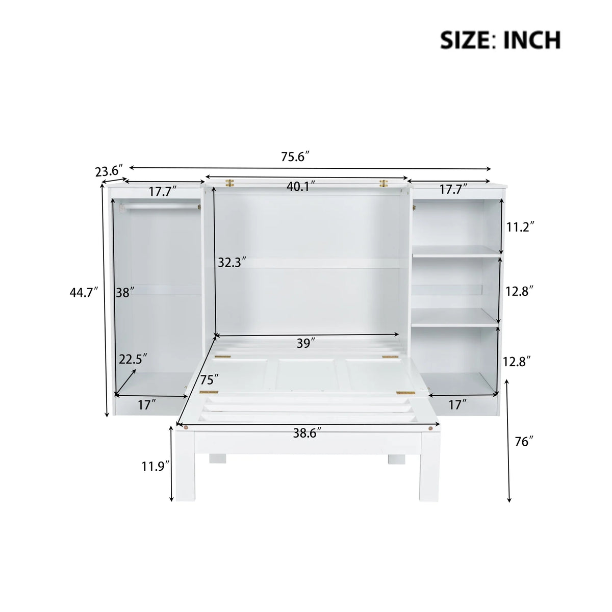 Euroco Wood Twin Size Murphy Bed with Wardrobe and Shelves for Kids Teens Living Room