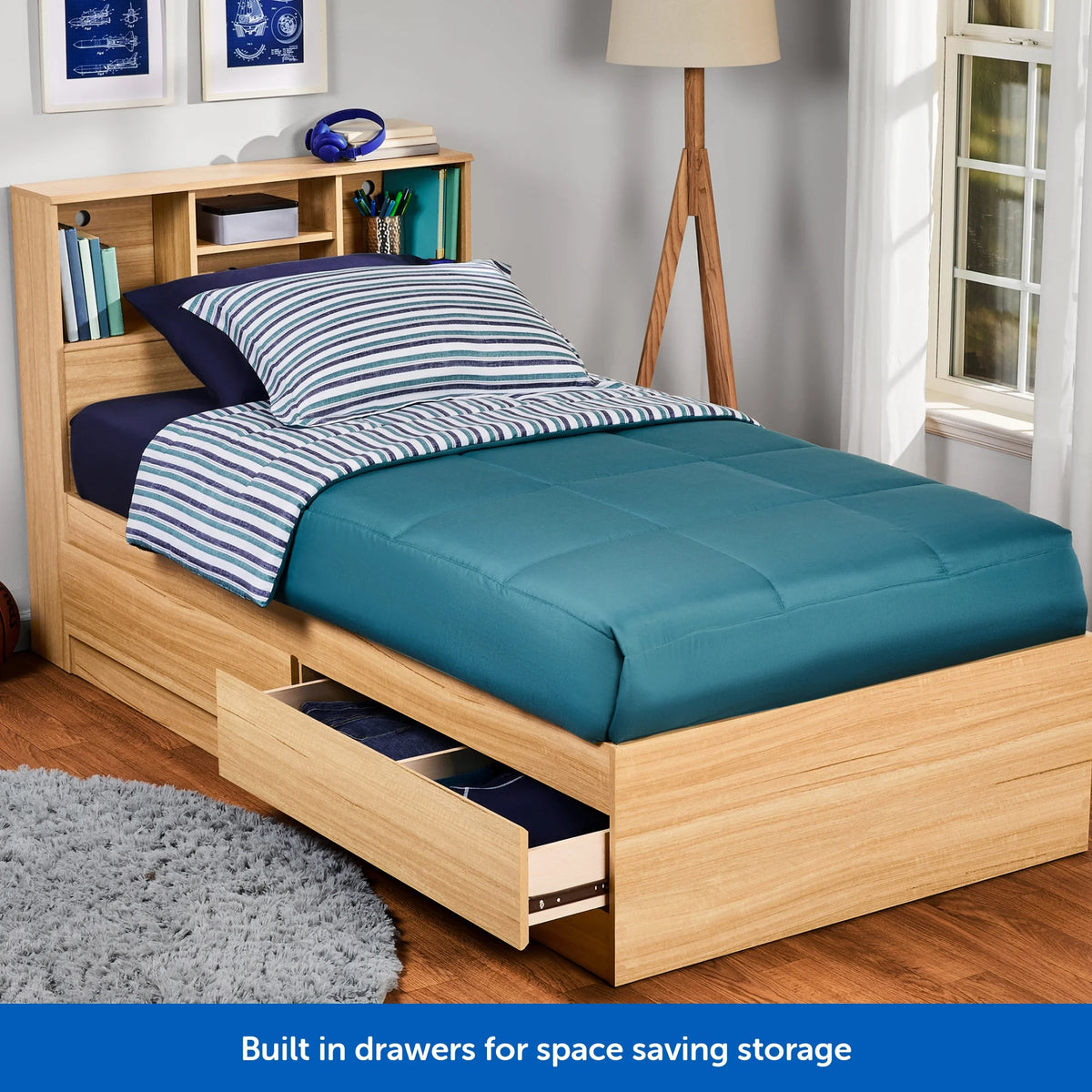 Your Zone Easy to Assemble Storage Bed with Bookcase Headboard, Twin, Natural Teak Finish