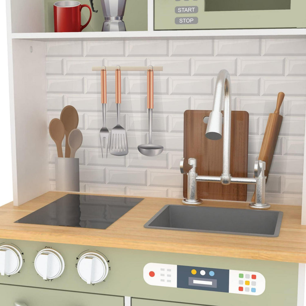 Teamson Kids Little Chef Boston Modern Kitchen Playset. 9 Pcs Acc Set. Oven. Microwave. Burner. Sink. White/Green