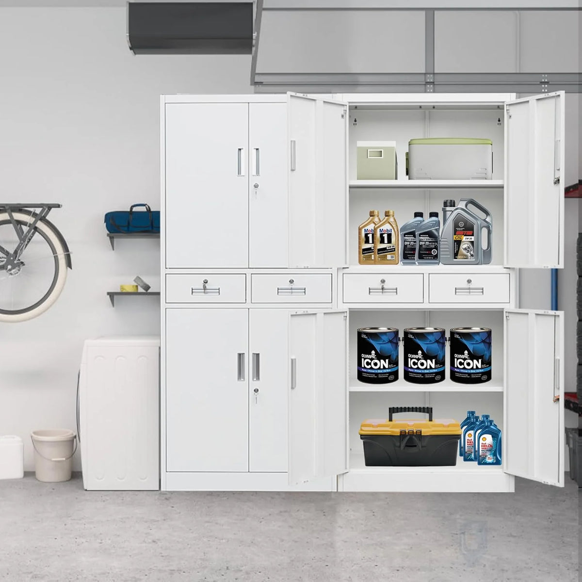 CMY Metal Storage Cabinet, 71" H x 32" W x 16" D Locking Cabinet with Adjustable Shelves and 2 Drawers, Steel Storage Cabinet for Office, Garage, Home, School, Utility Room - White