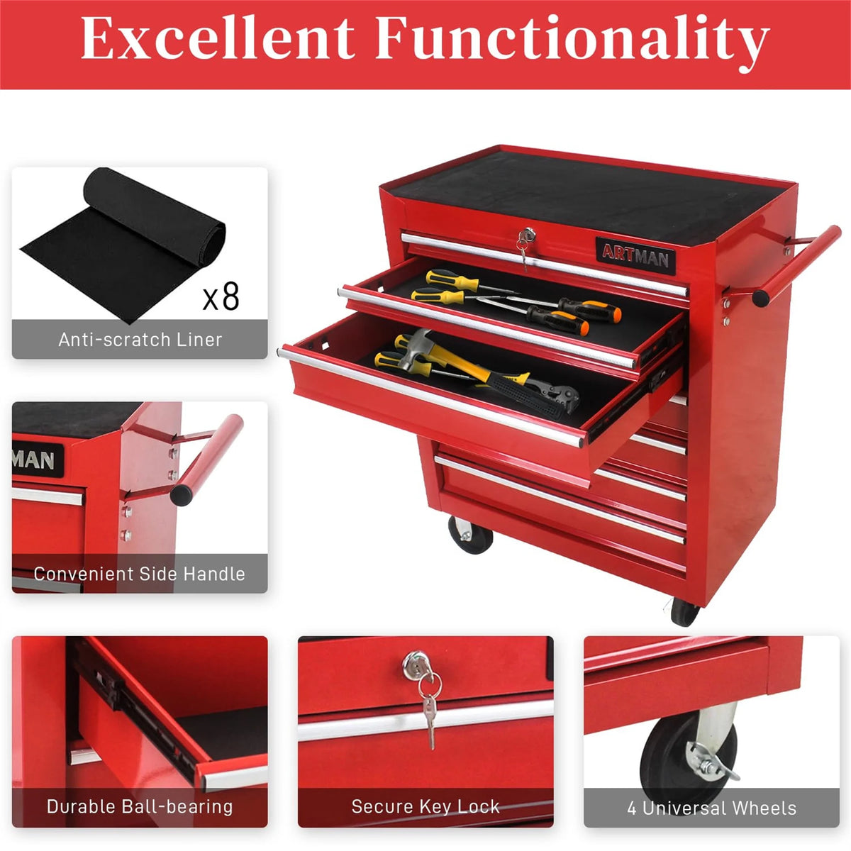 Aukfa Tool Chest, 24.5 in 7 - Drawer Steel Rolling Tool Box on Wheels for Workshop Garage, Red
