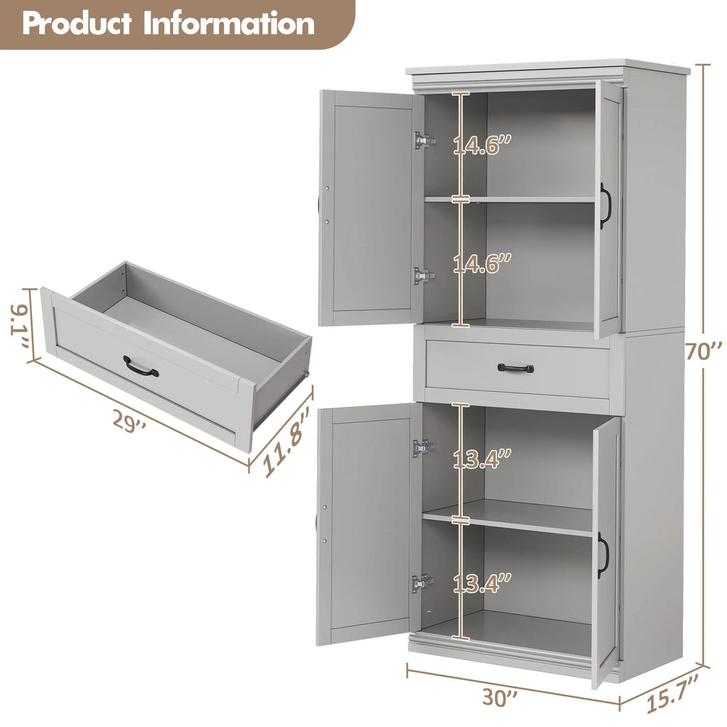 Dsstyles Pantry Cabinet, Freestanding Kitchen Pantry Storage Cabinet, 70" Cupboard, Tall Storage Cabinet with Doors and Adjustable Shelves, for Bathroom, Dining Room, Living Room, Antique White/Gray