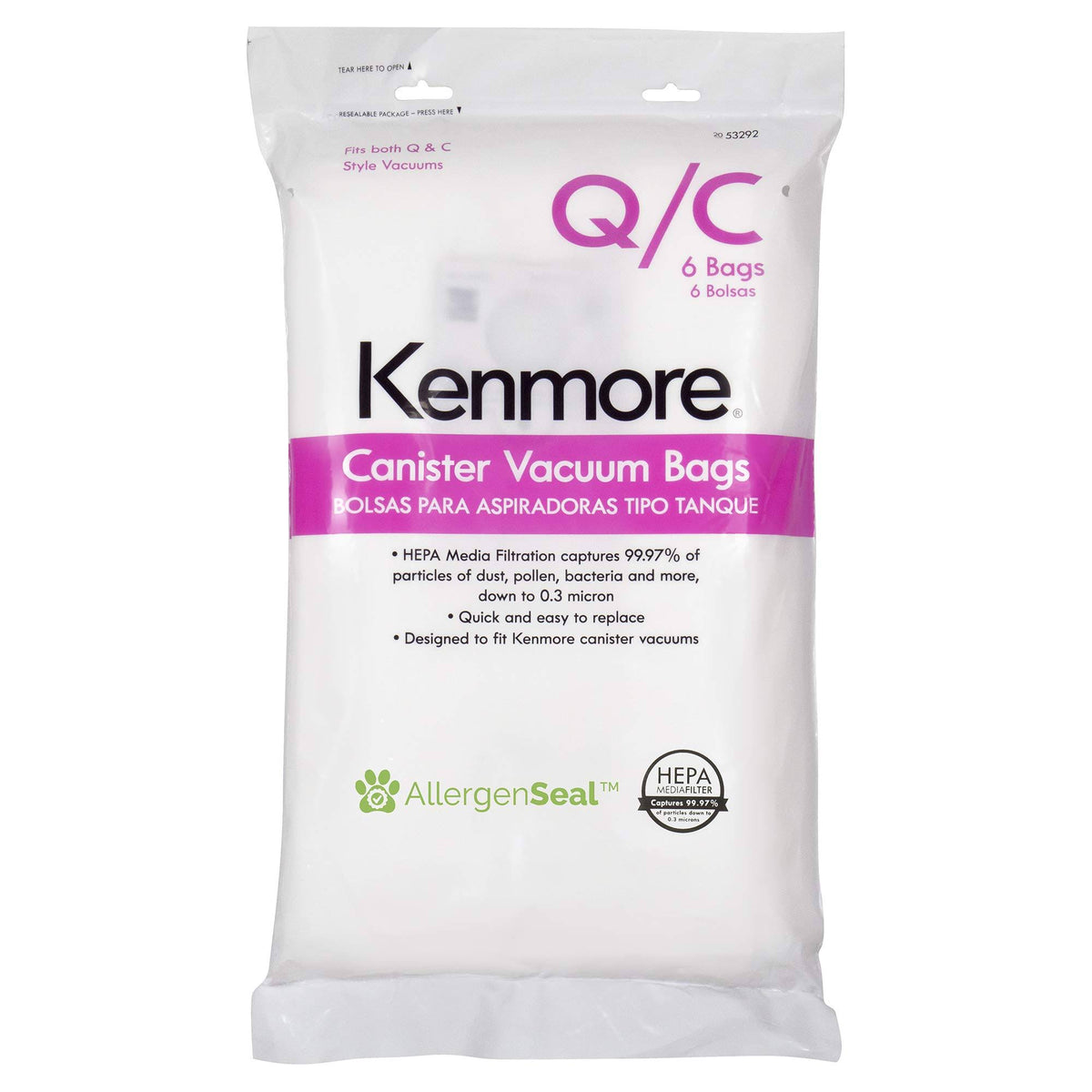 Kenmore Type Q HEPA Canister Vacuum Bags, 6 Pack, White