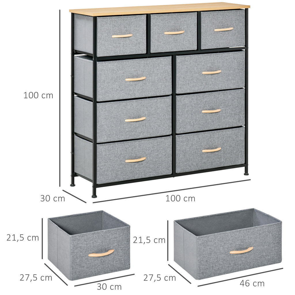HOMCOM Kommode 9 Schubladen Stoffaufbewahrungsschrank klappbare Schublade - schwarzes Stahlgestell - 100 x 30 x 100 cm, Eiche und Grau