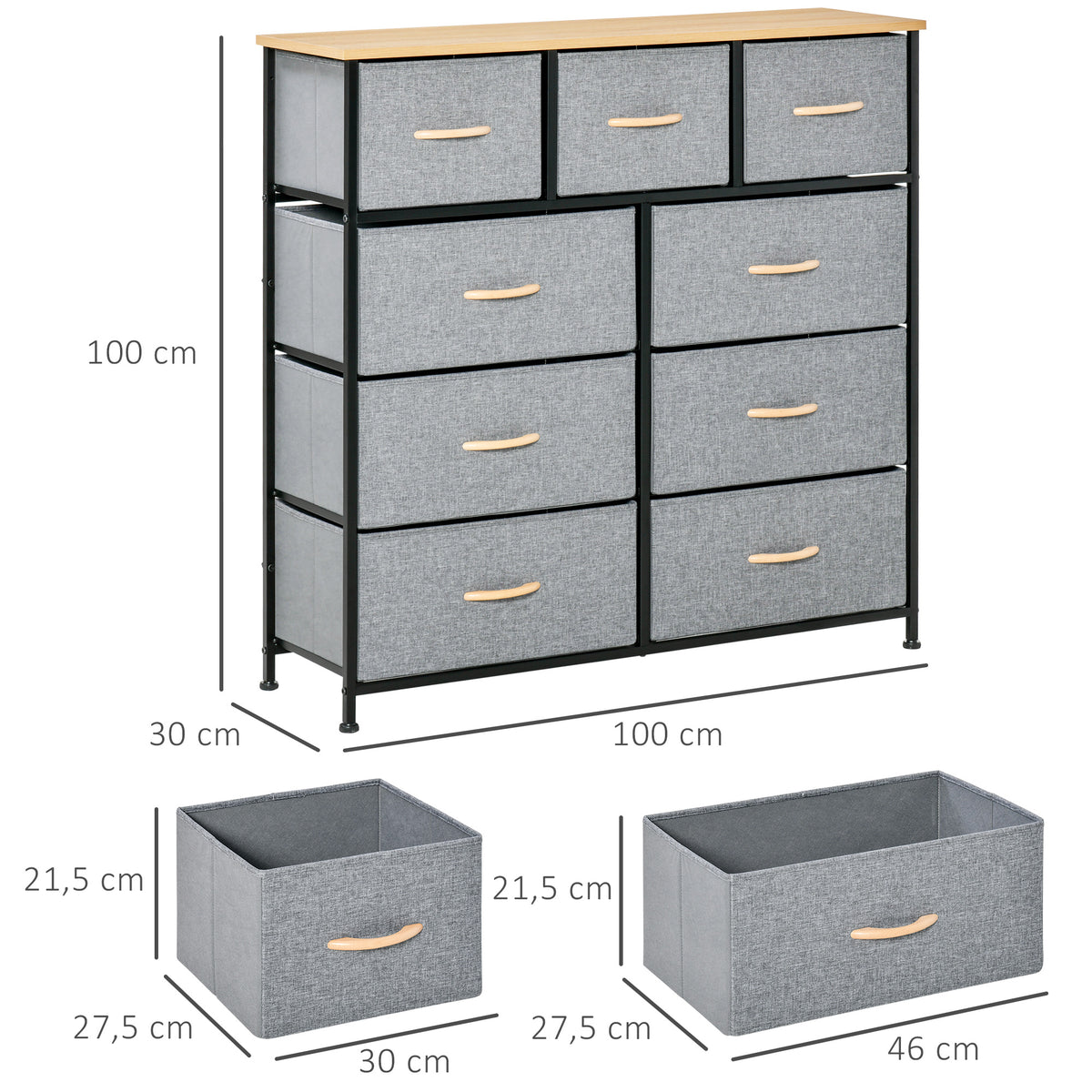 HOMCOM Kommode 9 Schubladen Stoffaufbewahrungsschrank klappbare Schublade - schwarzes Stahlgestell - 100 x 30 x 100 cm, Eiche und Grau