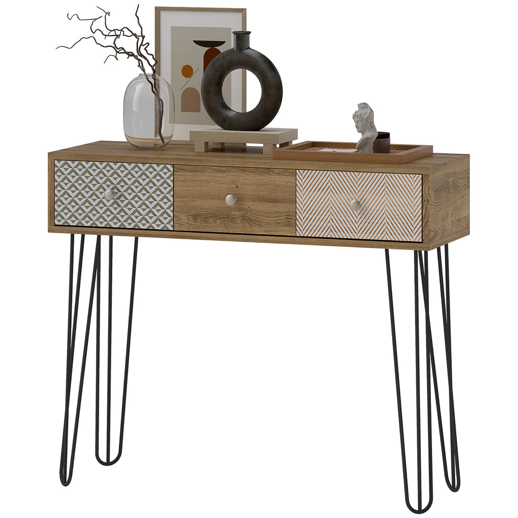 HOMCOM Konsolentisch mit 3 Schubladen, schmaler Eingangstisch mit Stahlhaarnadelbeinen, 90 x 30 x 75 cm, braun