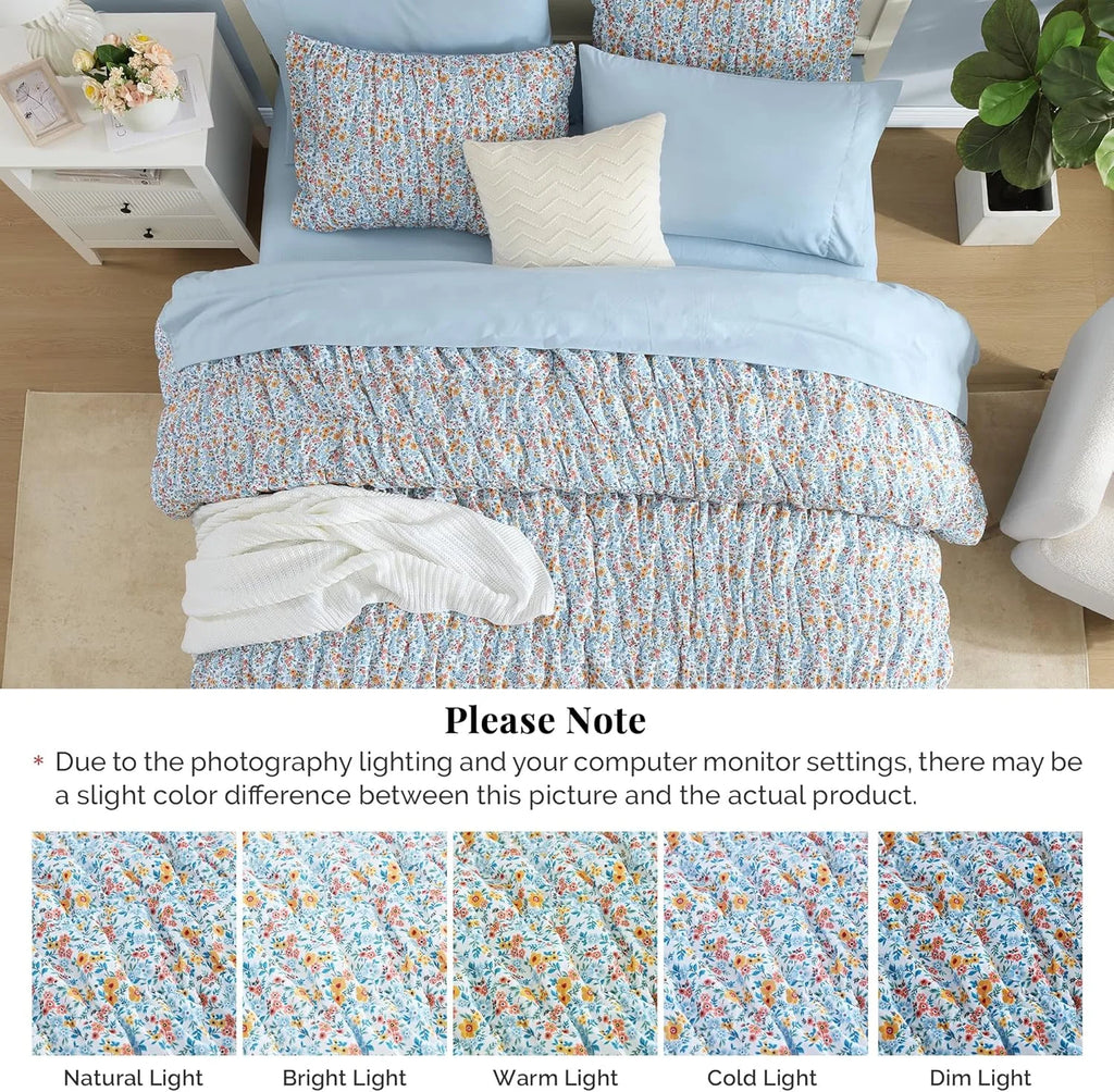7 Pieces Blue Classic Puff Floral Bedding Sets for All Seasons, Shabby Chic Farmhouse Bed in a Bag Queen with Wildflowers Fluffy Comforter, Sheets, Pillowcases & Shams