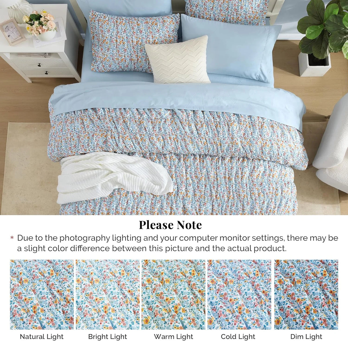 7 Pieces Blue Classic Puff Floral Bedding Sets for All Seasons, Shabby Chic Farmhouse Bed in a Bag Queen with Wildflowers Fluffy Comforter, Sheets, Pillowcases & Shams