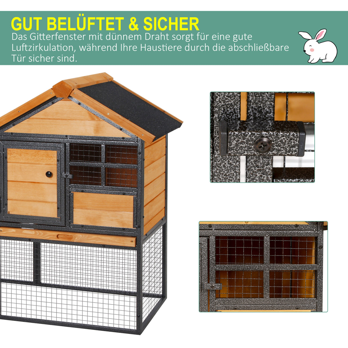 PawHut Kleintierstall mit Freigehege u. Rampe 122 cm x 63 cm x 92 cm Tannenholz Metall Hellgelb+Dunkelgrau