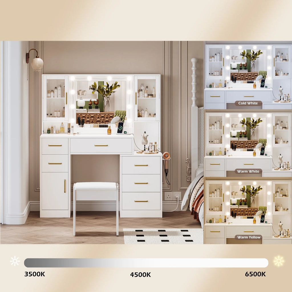 UGTOO 58.3" White Vanity Desk with Mirror, Adjustable Lighting, Power Outlet, Drawers, with Stool