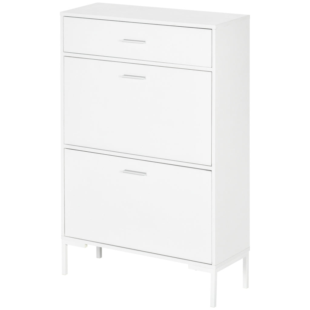 HOMCOM Moderner Schuhschrank für 12 Paare Schuhe mit 2 Klappflügeltüren und Schublade, 76x26x110 cm, Weiß