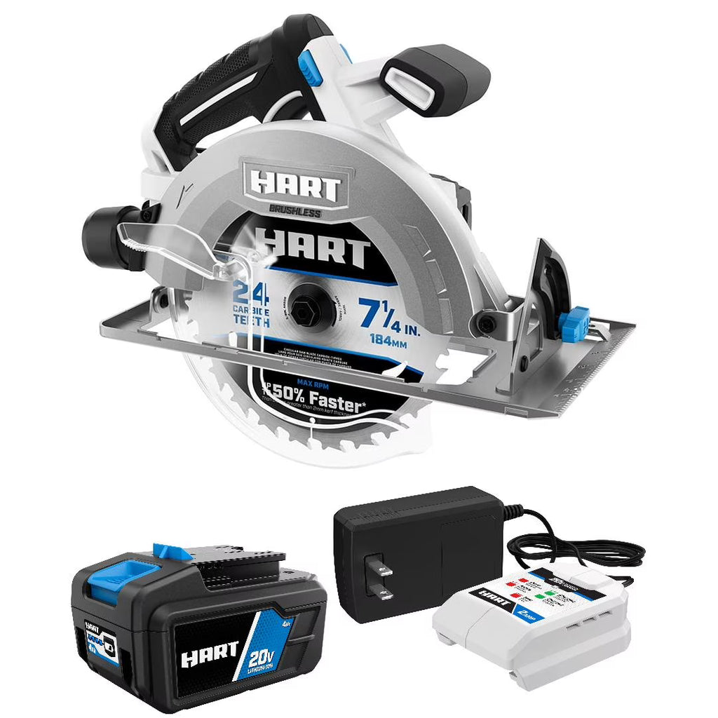 HART 20 - Volt Brushless 7 - 1/4 in Circular Saw with 4ah Battery and Charger Starter Kit Bundle