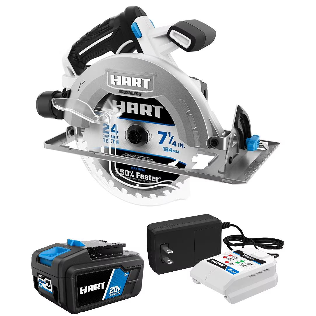 HART 20 - Volt Brushless 7 - 1/4 in Circular Saw with 4ah Battery and Charger Starter Kit Bundle