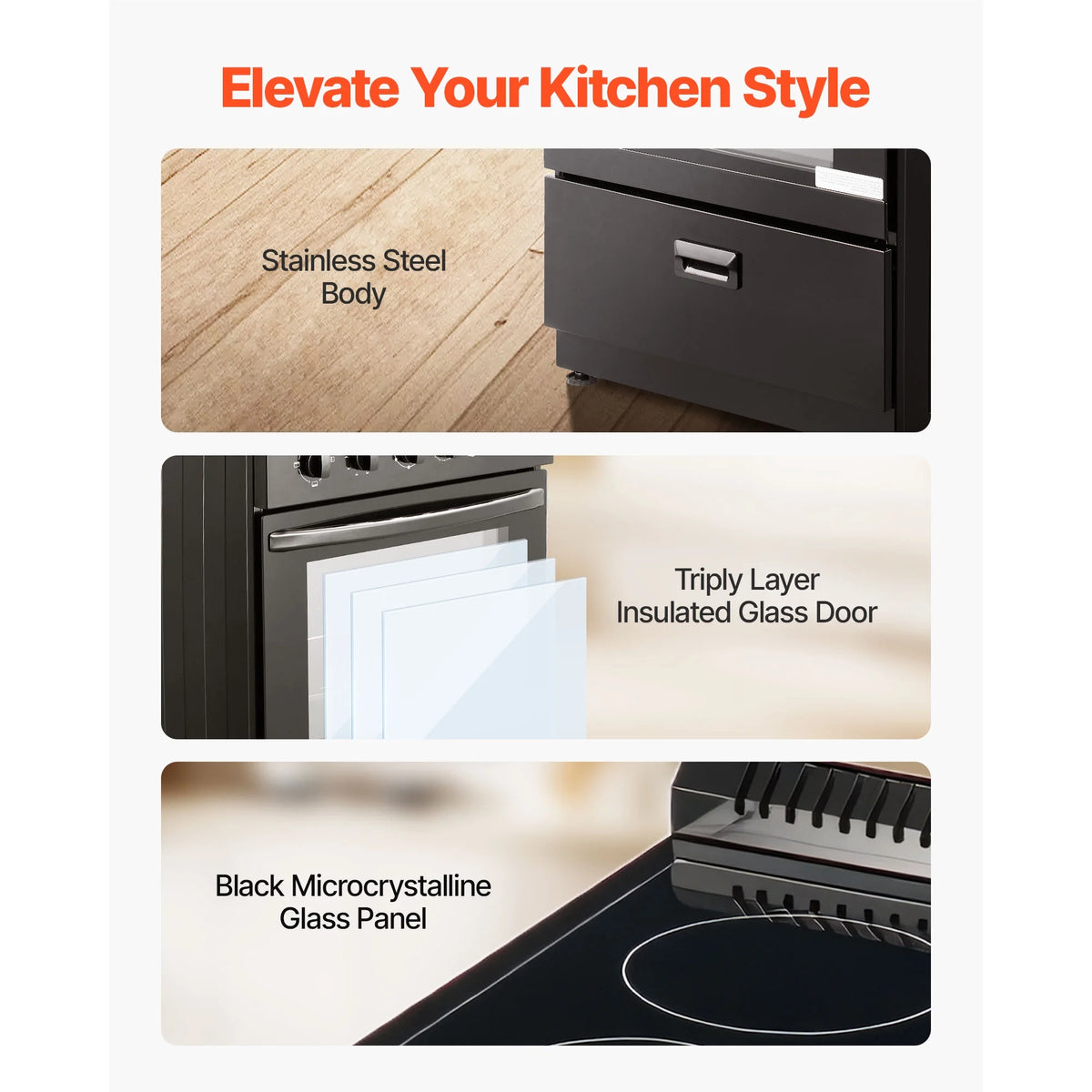 KFFKFF 24 - Inch Electric Range Oven, 2.7 Cu. Ft. Compact Freestanding Design, Stainless Steel Finish, Features 4 Burners, Adjustable Racks, Storage Drawer, Drip Pan, and Indicator Light, Black