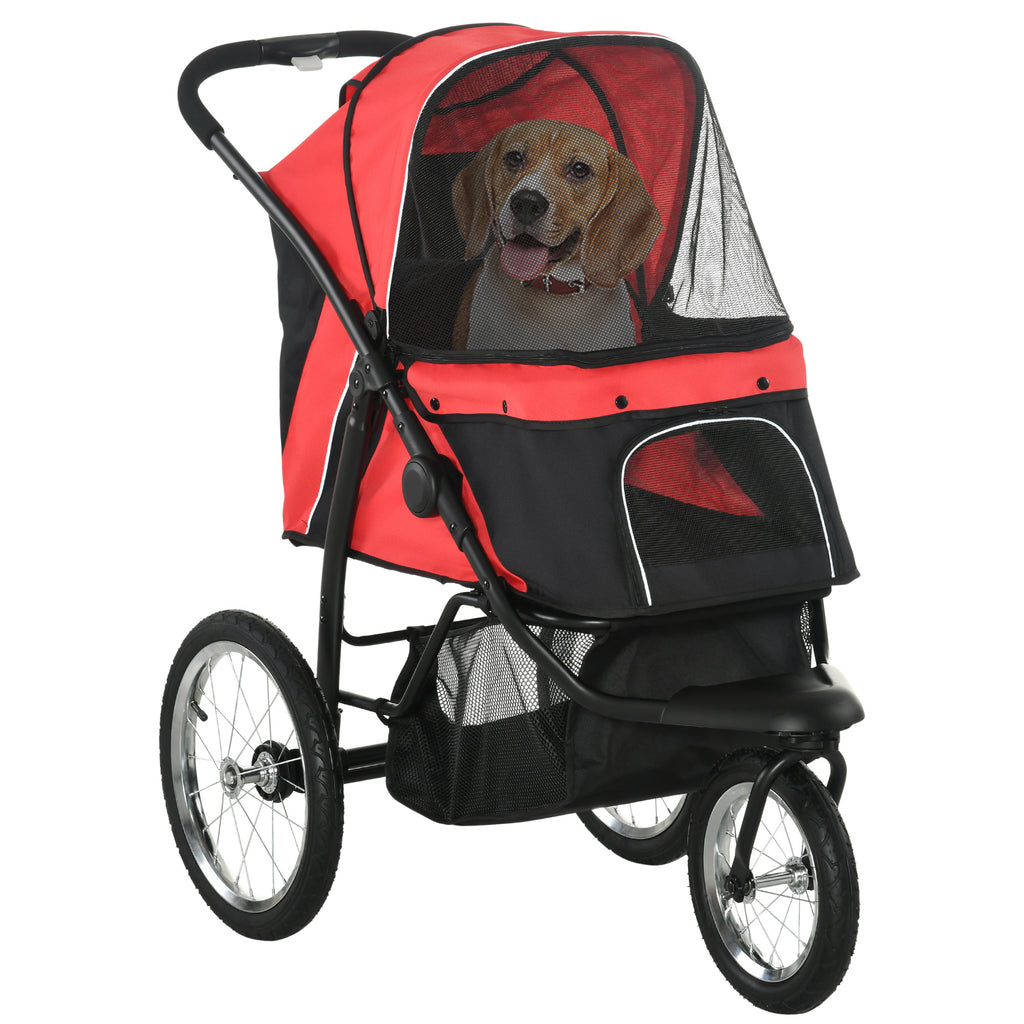 PawHut Hundewagen, klappbar, Sonnenschutz, Netzfenster, Ablagekorb, Rot, 111 x 58 x 107 cm
