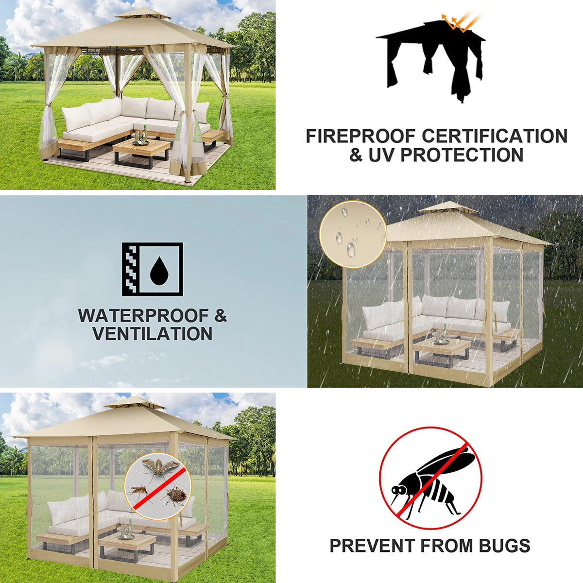 SANOPY 10' x 10' Gazebos for Patios, Gazebo Canopy with 4 Mosquito Netting, Rainproof & Sunscreen Shelter Tent with Double Eaves for Garden Backyard and Deck