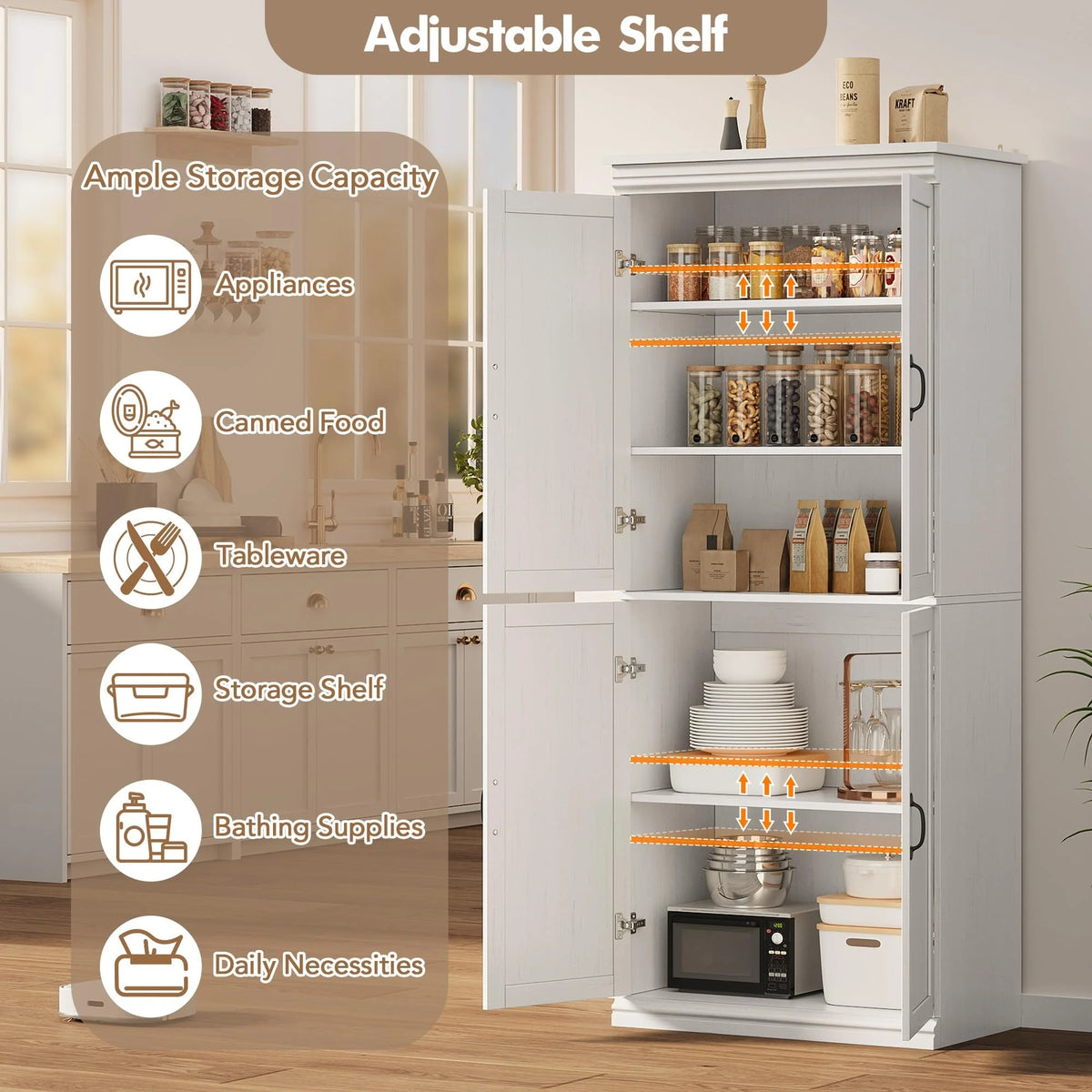 Dsstyles Pantry Cabinet, Freestanding Kitchen Pantry Storage Cabinet, 70" Cupboard, Tall Storage Cabinet with Doors and Adjustable Shelves, for Bathroom, Dining Room, Living Room, Antique White/Gray