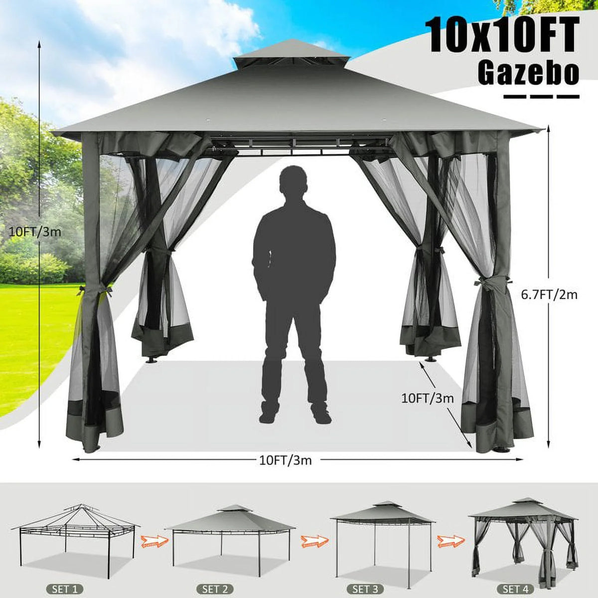 SANOPY 10' x 10' Gazebos for Patios, Gazebo Canopy with 4 Mosquito Netting, Rainproof & Sunscreen Shelter Tent with Double Eaves for Garden Backyard and Deck
