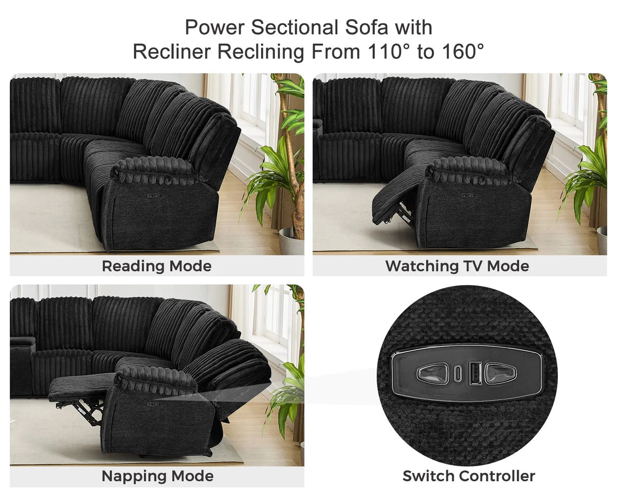 Power Reclining Sectional Sofa with Wireless Charger, 6 - Seater Faux Fur Sectional with Recliners, Hidden Cup Holders, Storage Console, USB & Type - C Ports, Black