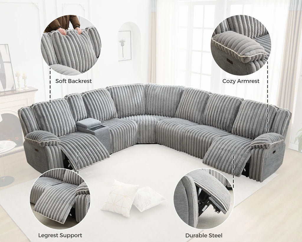 Power Reclining Sectional Sofa with Wireless Charger, 6 - Seater Faux Fur Sectional with Recliners, Hidden Cup Holders, Storage Console, USB & Type - C Ports, Black