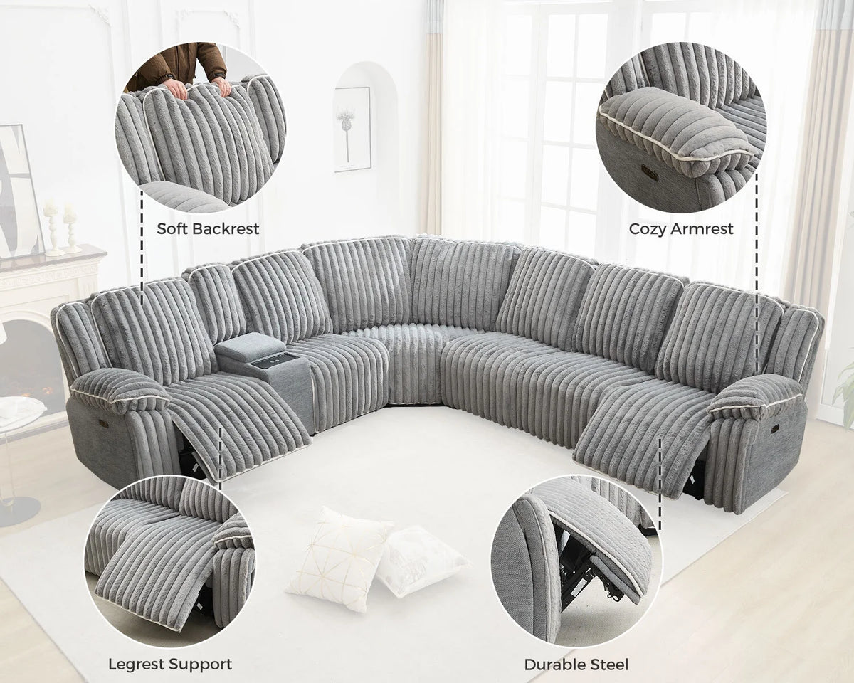 Power Reclining Sectional Sofa with Wireless Charger, 6 - Seater Faux Fur Sectional with Recliners, Hidden Cup Holders, Storage Console, USB & Type - C Ports, Black