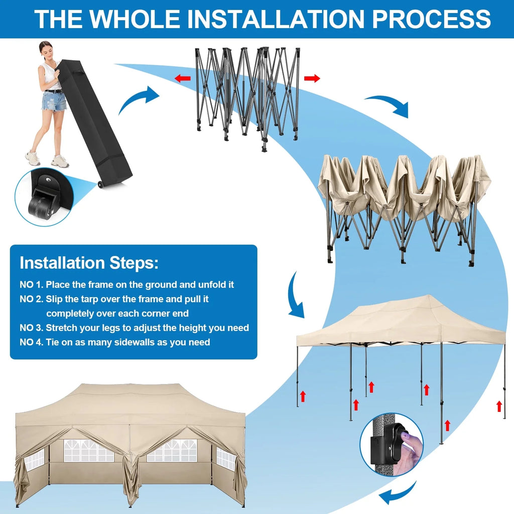 10'X20' Pop up Canopy Waterproof Folding Tent Outdoor Easy Set - up Instant Tent Heavy Duty Commercial Wedding Party Shelter with 6 Removable Sidewalls, 4 Sandbags, Roller Bag, Khaki