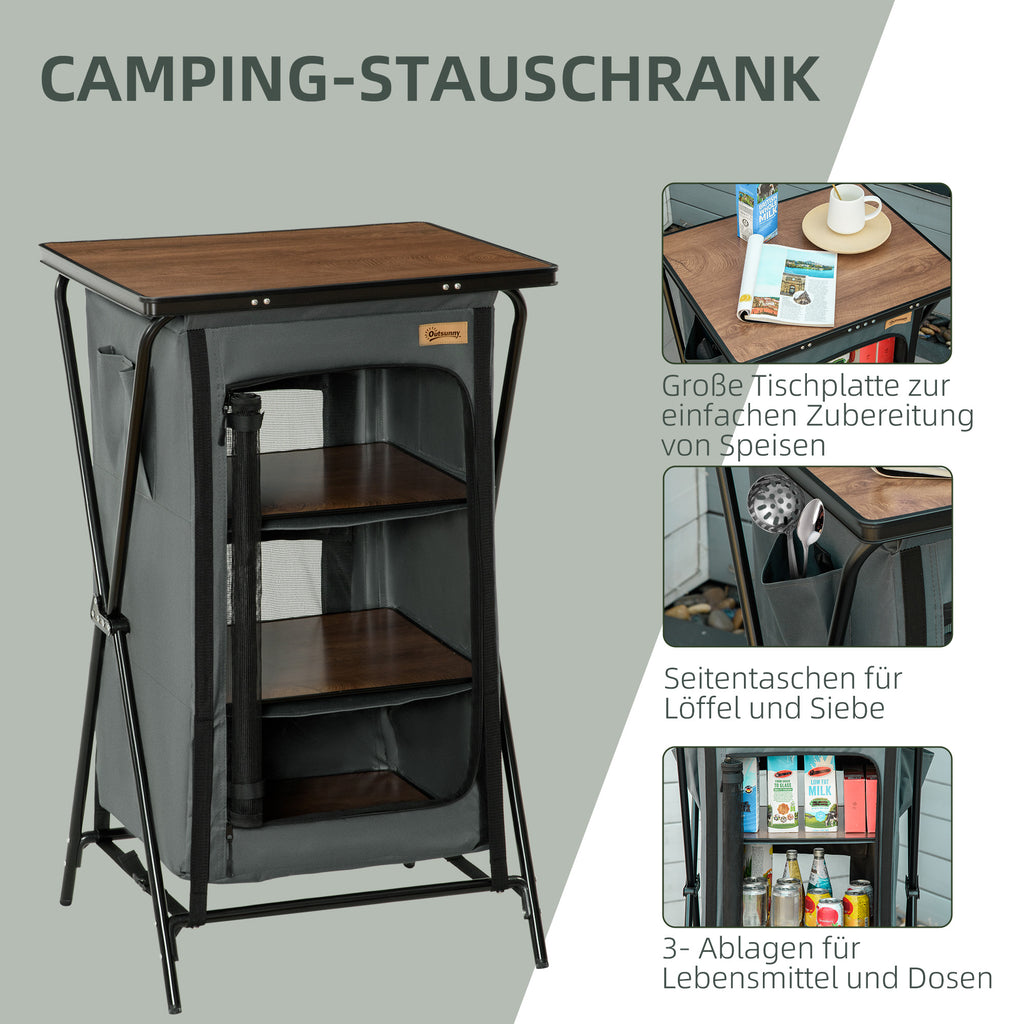 Outsunny Camping-Tisch mit 3 Regalfächern, Reißverschlusstür, Aluminium, faltbar, Grau