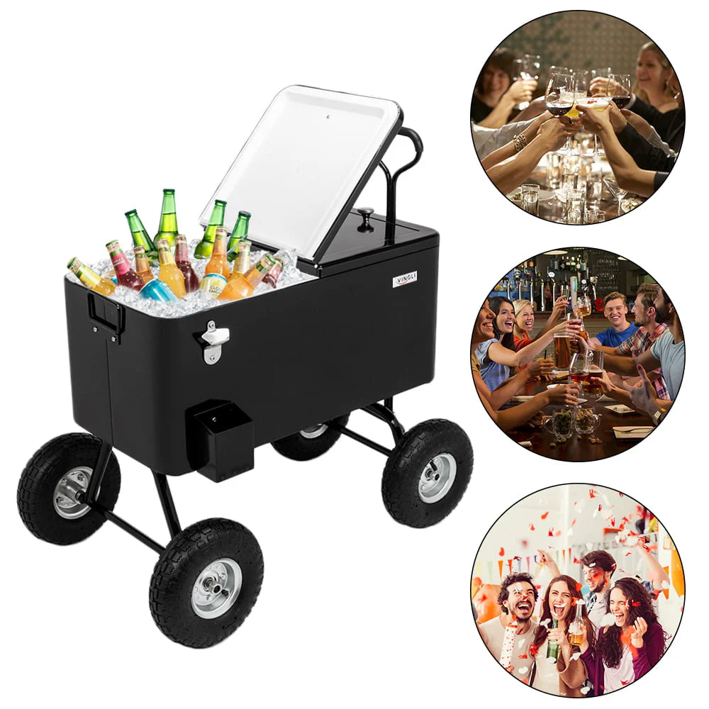 VINGLI 80 Quart Wagon Rolling Cooler Ice Chest, W/Long Handle and 10" Wheels, Portable Beach Patio Party Bar Cold Drink Beverage, Outdoor Park Cart on Wheels