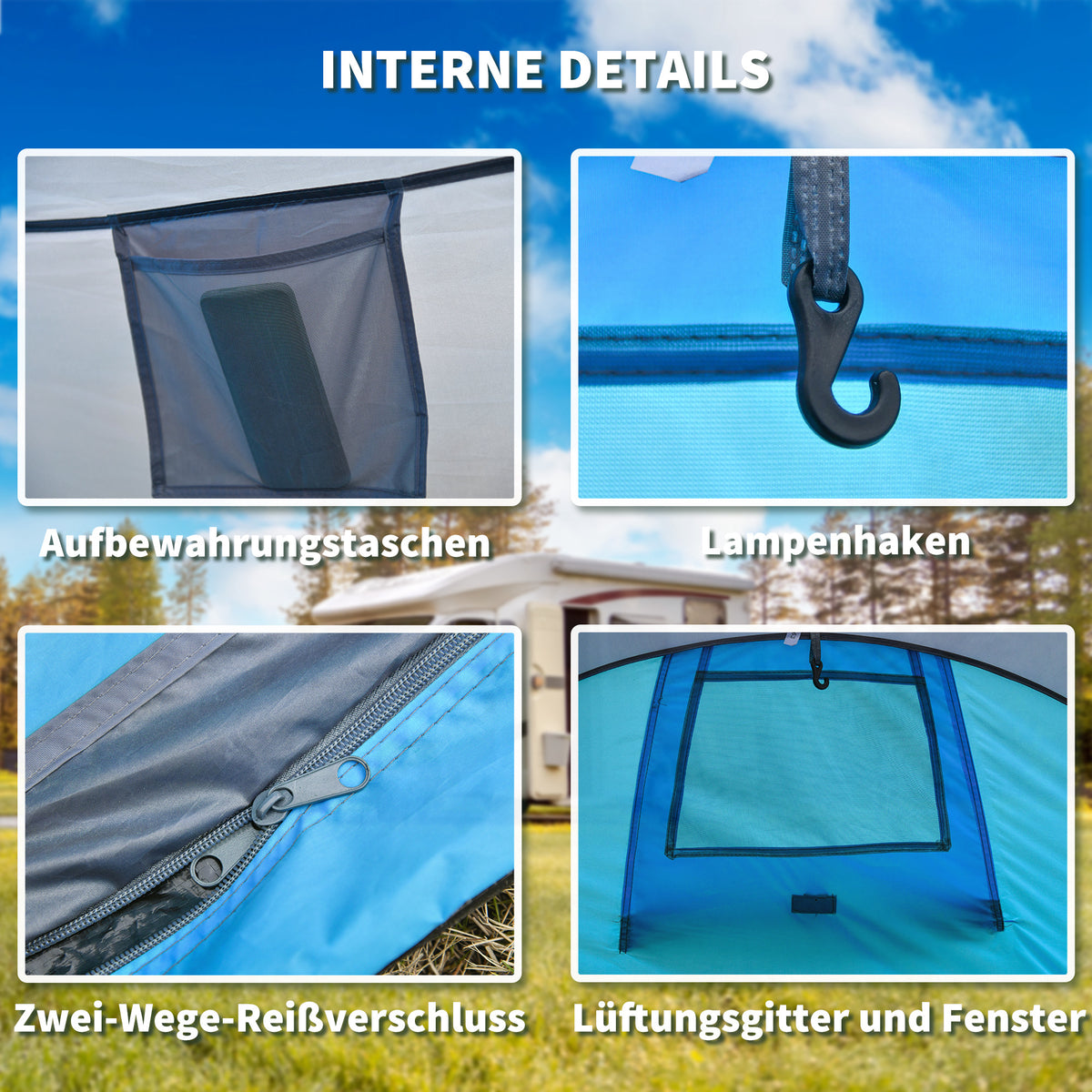 Outsunny Pop up Zelt für 1-2 Personen Campingzelt für 3 Jahreszeiten Polyester Glasfaser Blau+Grau 220 x 108 x 110 cm