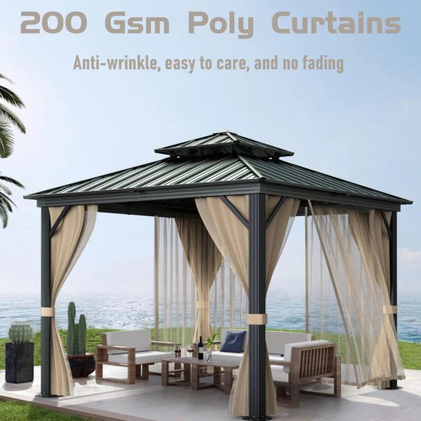10x10 Hardtop Gazebo with double metal roof. aluminum frame. net. and curtain. All-weather. ideal for patio. deck. garden. backyard. Khaki.