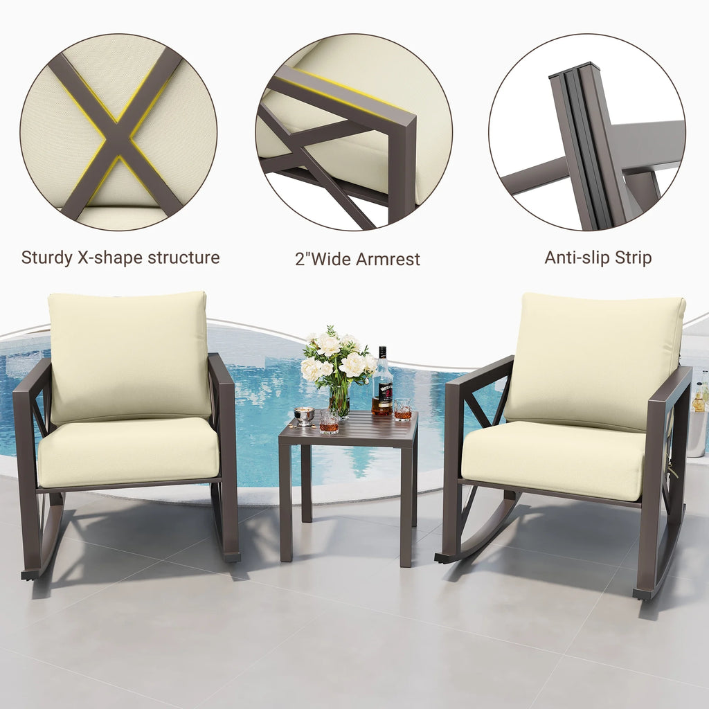 MRUAKA Rocking Chair Bistro Set, 3 Piece Outdoor Patio Furniture Set with 2 Rockers and 1 Metal Coffee Table with Thick Cushions for Porch, Backyard, Poolside, Beige