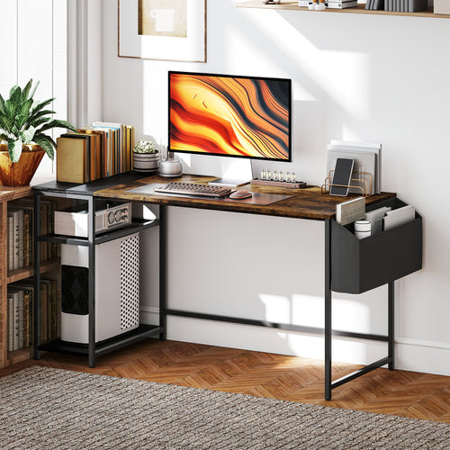 HOMCOM Computertisch 150 x 60 cm mit umkehrbaren Regalen und Stofftasche, für kleine Räume, Braun
