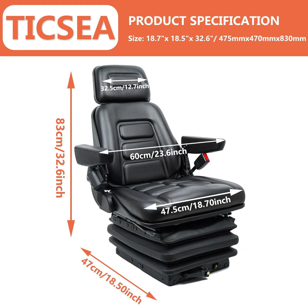 TICSEA Heavy Duty Tractor Foldable Seat with Suspension, Retractable Seat Belt for Linde Forklift Tractor, Excavator Skid Loader Backhoe Dozer Telehandler
