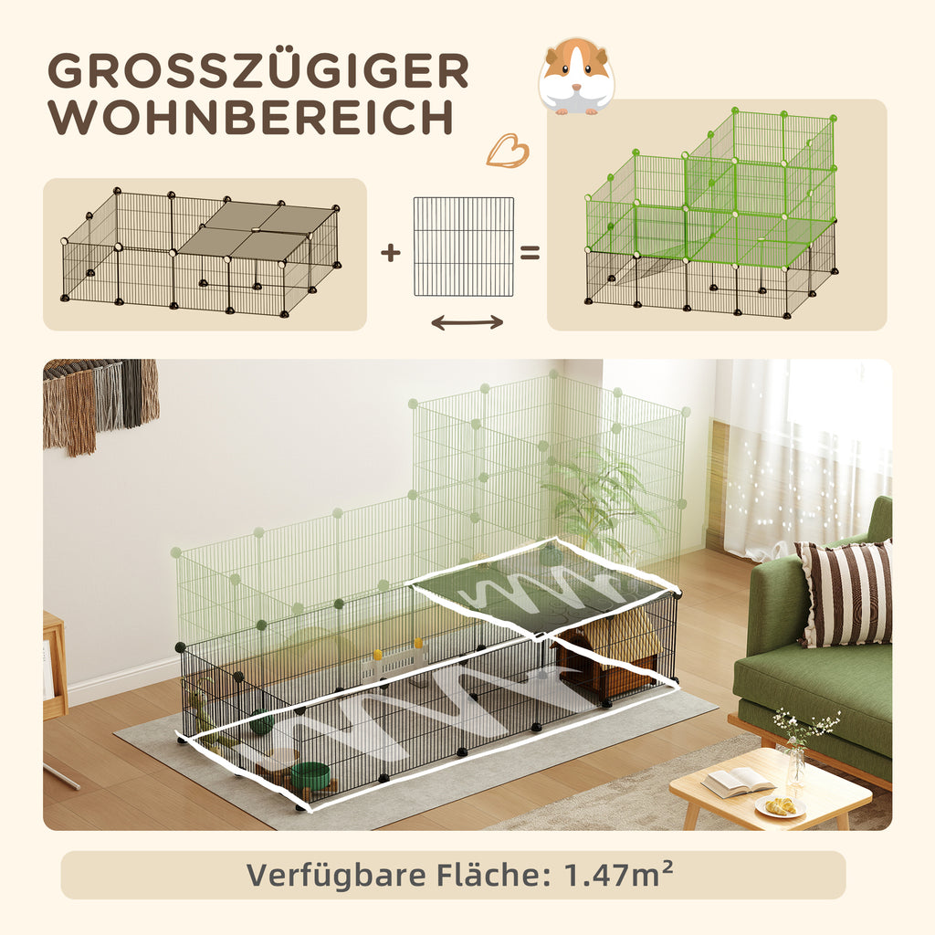 PawHut Gehege für Zwergkaninchen, 39-Paneel-Stall für kleine Haustiere, mit Rampe, für Kleintiere, Indoor, Schwarz
