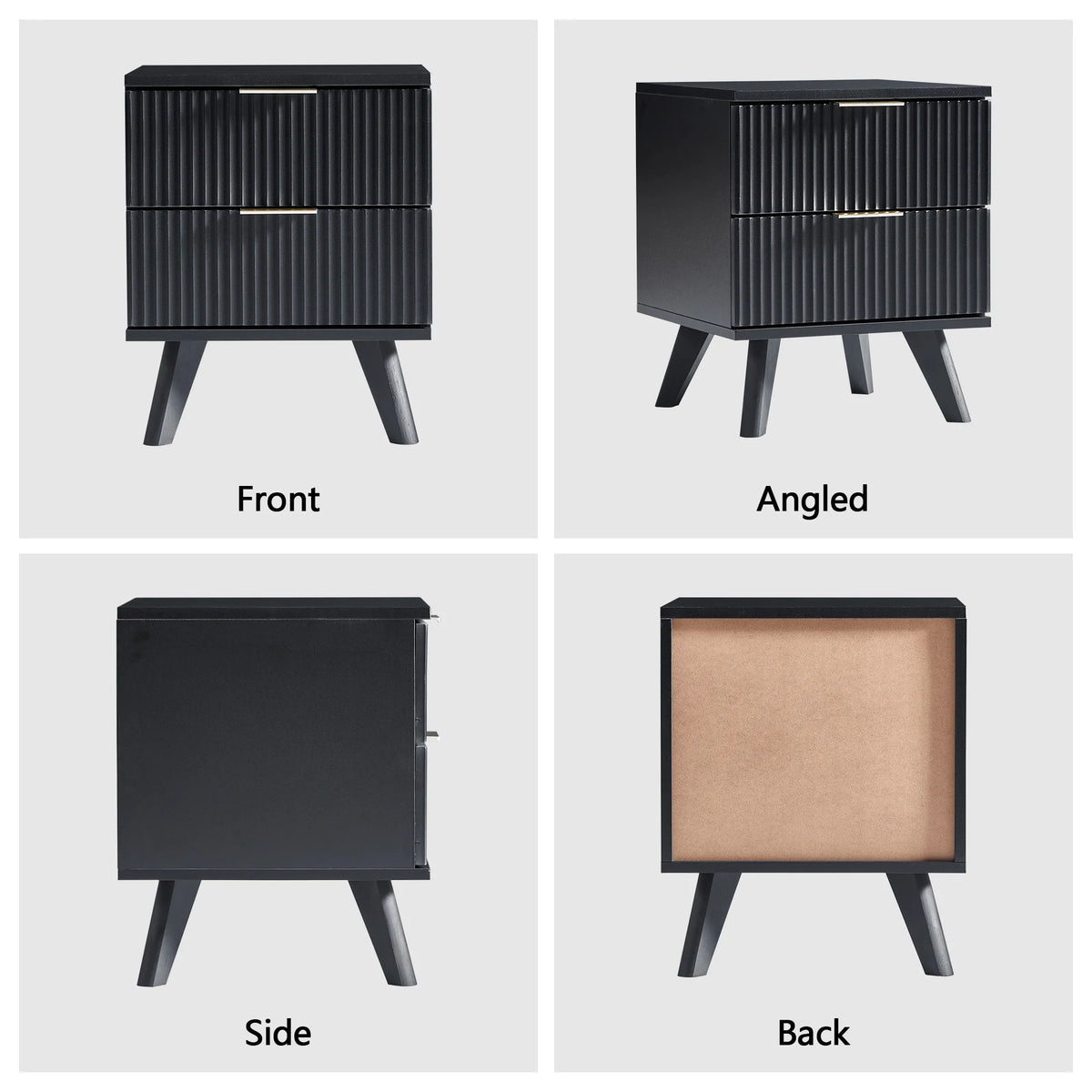 YOCWO Fluted Nightstand for Bedroom Set of 2, Wood Bedside Table Set of 2 with Drawers, Black
